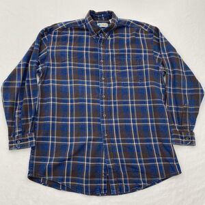 LL Bean Plaid Button Down Flannel Shirt Mens Large Tall Blue Brown USA Vintage
